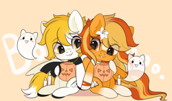 Size: 3000x1767 | Tagged: safe, artist:yomechka, oc, oc only, ghost, pegasus, pony, undead, candle, chibi, commission, duo, eye clipping through hair, pegasus oc, pumpkin bucket, sitting, smiling, wings, ych result