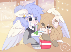 Size: 2975x2175 | Tagged: safe, artist:yomechka, oc, oc only, pegasus, pony, chest fluff, colored wings, duo, ear piercing, earring, female, high res, jewelry, mare, oc x oc, pegasus oc, piercing, sharing a drink, shipping, two toned wings, wings