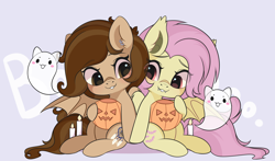 Size: 3000x1767 | Tagged: safe, artist:yomechka, fluttershy, oc, bat pony, ghost, pony, undead, g4, bat ponified, candle, chibi, commission, duo, eye clipping through hair, flutterbat, pumpkin bucket, race swap, sitting, smiling, ych result