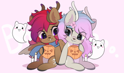 Size: 3000x1767 | Tagged: safe, artist:yomechka, oc, oc only, deer, deer pony, ghost, original species, pony, undead, antlers, candle, chibi, commission, duo, eye clipping through hair, pumpkin bucket, sitting, smiling, wings, ych result