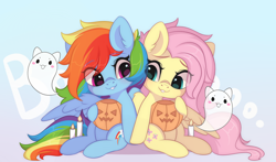 Size: 3000x1767 | Tagged: safe, artist:yomechka, fluttershy, rainbow dash, ghost, pegasus, pony, undead, g4, candle, chibi, commission, cute, dashabetes, duo, duo female, eye clipping through hair, eyebrows, eyebrows visible through hair, female, grin, halloween, high res, holding hooves, holiday, jack-o-lantern, lesbian, mare, pumpkin, pumpkin bucket, ship:flutterdash, shipping, shyabetes, sitting, smiling, wings, ych result