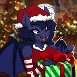 Size: 2000x2000 | Tagged: safe, artist:kennzeichen, oc, oc only, oc:halfmoon, bat pony, anthro, bat pony oc, christmas, christmas lights, christmas tree, clothes, excited, female, happy, hat, high res, holiday, present, ribbon, santa hat, solo, tree