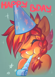 Size: 935x1323 | Tagged: safe, artist:chaosangeldesu, oc, oc only, oc:flaming hoof, pegasus, pony, blushing, eyes closed, green background, hat, party hat, party horn, simple background, smiling, solo