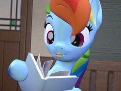 Size: 1032x774 | Tagged: safe, artist:aleshi, rainbow dash, pegasus, pony, g4, 3d, :p, book, cute, dashabetes, female, reading, source filmmaker, tongue out