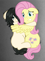 Size: 951x1274 | Tagged: artist needed, safe, edit, fluttershy, oc, oc:floor bored, earth pony, pegasus, pony, g4, 4chan, adult blank flank, blank flank, colored, friendshipping, holding, monochrome, scared, traditional art, wavy mouth