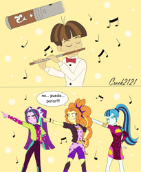 Size: 1280x1564 | Tagged: safe, artist:crock2121, adagio dazzle, aria blaze, sonata dusk, wiz kid, equestria girls, g4, my little pony equestria girls: better together, blushing, body control, clothes, comic, dancing, dialogue, female, flute, male, movie reference, music festival outfit, music notes, musical instrument, pied piper, pigtails, shrek, shrek forever after, spanish, taco dress, the dazzlings, translated in the description, trio, trio female, twintails