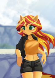 Size: 1000x1407 | Tagged: safe, artist:howxu, sunset shimmer, equestria girls, g4, belly button, blushing, clothes, commission, looking at you, midriff, ponied up, shorts, solo
