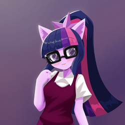 Size: 1000x1000 | Tagged: safe, artist:howxu, sci-twi, twilight sparkle, anthro, g4, blushing, clothes, commission, female, glasses, gradient background, looking at you, simple background, solo