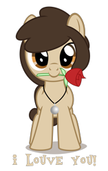 Size: 2450x3900 | Tagged: safe, artist:strategypony, oc, oc only, oc:louvely, earth pony, pony, brown mane, cute, earth pony oc, female, filly, flower, flower in mouth, foal, front view, hearts and hooves day, high res, holiday, hooves, i love you, jewelry, looking at you, mouth hold, necklace, ocbetes, pun, rose, shadow, show accurate, simple background, solo, standing, talking to viewer, text, transparent background, valentine's day
