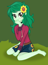 Size: 1080x1454 | Tagged: safe, artist:grapefruit-face, wallflower blush, equestria girls, g4, barefoot, base used, blushing, clothes, cute, feet, flower, flower in hair, flowerbetes, hand on chin, kneeling, looking at you, music festival outfit, outdoors, shorts, show accurate, solo