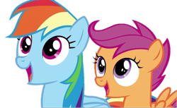 Size: 923x564 | Tagged: safe, edit, edited screencap, editor:twilyisbestpone, screencap, rainbow dash, scootaloo, pegasus, pony, g4, newbie dash, season 6, background removed, duo, female, filly, foal, mare, not a vector, open mouth, open smile, simple background, smiling, transparent background