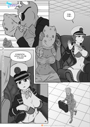 Size: 1200x1697 | Tagged: safe, artist:pia-sama, suri polomare, oc, deer, reindeer, anthro, plantigrade anthro, comic:rogue diamond, g4, belly button, breasts, briefcase, busty suri polomare, cleavage, comic, dialogue, grayscale, monochrome, speech bubble