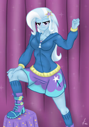 Size: 1280x1833 | Tagged: safe, artist:lennondash, trixie, equestria girls, g4, blushing, boots, breasts, busty trixie, cleavage, clothes, female, hand on knee, hand on leg, hoodie, looking at you, raised arm, seductive, seductive pose, sexy, shoes, skirt, socks, solo, stupid sexy trixie, sweater, teenager