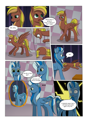Size: 2904x4000 | Tagged: safe, artist:palibrik, oc, oc:gusty guide, oc:shocker streak, alicorn, earth pony, pegasus, pony, unicorn, comic:securing a sentinel, alicorn oc, butt, carousel boutique, comic, commissioner:bigonionbean, cutie mark, dialogue, drunk, faceplant, flank, fusion, fusion:compass star, fusion:evening star, fusion:party favor, fusion:thunderlane, high res, horn, magic, male, mirror, offscreen character, plot, ponyville, potion, reflection, sequence, shocked, shocked expression, stallion, stretching, surprised, wings