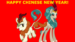 Size: 1920x1080 | Tagged: safe, artist:aeonkrow, artist:dragonchaser123, autumn blaze, rain shine, kirin, g4, chinese new year, duo, female, open mouth, red background, simple background, smiling