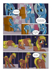 Size: 2904x4000 | Tagged: safe, artist:palibrik, oc, oc:gusty guide, oc:shocker streak, alicorn, earth pony, pegasus, pony, unicorn, comic:securing a sentinel, alicorn oc, boxes, butt, carousel boutique, comic, commissioner:bigonionbean, cutie mark, dialogue, dizzy, drunk, faceplant, flank, fusion, fusion:compass star, fusion:evening star, fusion:party favor, fusion:thunderlane, high res, horn, magic, male, mirror, offscreen character, plot, ponyville, potion, pushing, reflection, sequence, shocked, shocked expression, stallion, stretching, surprised, wings