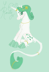 Size: 691x1017 | Tagged: safe, artist:universalheart, rarity, pony, unicorn, g4, green background, leonine tail, simple background, sitting, solo, tail