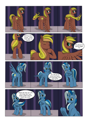 Size: 2904x4000 | Tagged: safe, artist:palibrik, oc, oc:gusty guide, oc:shocker streak, alicorn, earth pony, pegasus, pony, unicorn, comic:securing a sentinel, alicorn oc, butt, carousel boutique, comic, commissioner:bigonionbean, cutie mark, dialogue, drunk, flank, fusion, fusion:compass star, fusion:evening star, fusion:party favor, fusion:thunderlane, high res, horn, magic, male, offscreen character, plot, ponyville, potion, raised tail, sequence, shocked, shocked expression, stallion, stretching, surprised, tail, wings