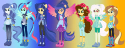 Size: 1600x623 | Tagged: safe, artist:krystal-red-squirrel, artist:selenaede, oc, oc only, equestria girls, g4, base used, boots, clothes, clothes swap, crystal guardian, dress, female, high heel boots, high heels, pants, platform heels, ponied up, shoes, skirt, super ponied up
