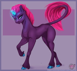 Size: 1280x1178 | Tagged: safe, artist:copshop, tempest shadow, classical unicorn, pony, unicorn, g4, broken horn, cloven hooves, concave belly, fit, glowing, glowing horn, horn, leonine tail, muscles, slender, solo, tail, thin, unshorn fetlocks