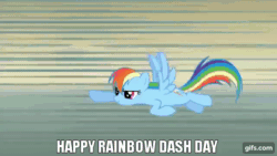 Size: 640x360 | Tagged: safe, edit, edited screencap, editor:quoterific, screencap, rainbow dash, pegasus, pony, boast busters, g4, season 1, animated, eyes closed, female, flying, gif, gifs.com, impact font, mare, rainbow, rainbow dash day, smiling, solo, spread wings, text, wings