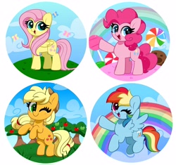 Size: 4096x3848 | Tagged: safe, artist:kittyrosie, applejack, fluttershy, pinkie pie, rainbow dash, butterfly, earth pony, pegasus, pony, apple, apple tree, applejack's hat, backwards cutie mark, blushing, candy, cloud, cookie, cowboy hat, cute, dashabetes, diapinkes, female, flying, food, hat, jackabetes, lollipop, looking at you, mare, one eye closed, open mouth, open smile, rainbow, shyabetes, smiling, spread wings, starry eyes, tree, wingding eyes, wings, wink, winking at you