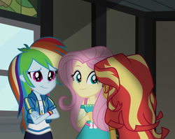 Size: 1024x817 | Tagged: safe, artist:emeraldblast63, fluttershy, rainbow dash, sunset shimmer, comic:the tale of two sunsets, equestria girls, g4, clothes, female, jacket, story in the source, trio, trio female