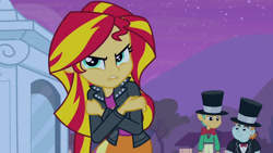 Size: 3410x1920 | Tagged: safe, screencap, snails, snips, sunset shimmer, human, equestria girls, g4, my little pony equestria girls, clothes, cutie mark on clothes, female, frown, hat, high res, jacket, leather, leather jacket, lip bite, male, night, statue, top hat, trio