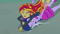 Size: 3410x1920 | Tagged: safe, screencap, sunset shimmer, twilight sparkle, equestria girls, g4, my little pony equestria girls, bare shoulders, clothes, duo, duo female, eyes closed, fall formal outfits, female, high res, jacket, leather, leather jacket, night, open mouth, out of context, sleeveless, strapless, twilight ball dress