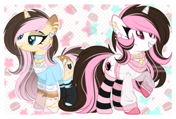 Size: 2723x1854 | Tagged: safe, artist:pegasski, artist:red_moonwolf, edit, oc, oc only, oc:eclipsed moonwolf, pony, unicorn, g4, base used, clothes, coat markings, collar, duo, ear piercing, female, horn, jewelry, looking at something, mare, necklace, piercing, raised hoof, self paradox, self ponidox, simple background, smiling, socks, socks (coat markings), striped socks, sweater, unicorn oc, watermark