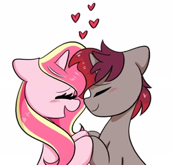 Size: 1912x1832 | Tagged: safe, artist:kittyrosie, oc, oc only, oc:rosa flame, pony, unicorn, bust, duo, eyes closed, heart, simple background, white background
