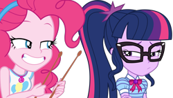 Size: 5597x3178 | Tagged: safe, artist:sketchmcreations, pinkie pie, sci-twi, twilight sparkle, equestria girls, equestria girls specials, g4, my little pony equestria girls: better together, my little pony equestria girls: holidays unwrapped, o come all ye squashful, bowtie, disappointed, drumsticks, duo, female, geode of sugar bombs, geode of telekinesis, glasses, grin, lidded eyes, looking at each other, looking at someone, magical geodes, simple background, smiling, transparent background, vector