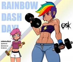 Size: 1760x1500 | Tagged: safe, alternate version, artist:oldskullkid, rainbow dash, scootaloo, human, g4, abs, bandage, clothes, dark skin, dumbbell (object), duo, duo female, ear piercing, earring, female, fit, humanized, jewelry, midriff, muscles, muscular female, pants, piercing, slender, sports bra, sweat, thin, weights