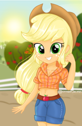 Size: 650x997 | Tagged: safe, artist:fluttershy_art.nurul, applejack, equestria girls, g4, apple, apple tree, applejack's hat, beautiful, belly button, clothes, cowboy hat, cute, draw, female, food, freckles, green eyes, hat, jackabetes, jeans, looking at you, midriff, pants, shorts, smiling, sun, sweet apple acres, tree