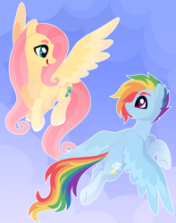 Size: 3000x3800 | Tagged: safe, artist:kabuvee, fluttershy, rainbow dash, pegasus, pony, g4, alternate cutie mark, duo, female, flying, high res, looking at each other, looking at someone, mare, outline, white outline