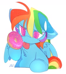 Size: 1637x1831 | Tagged: safe, artist:haichiroo, rainbow dash, pegasus, pony, g4, chest fluff, donut, food, one ear down, simple background, solo, tongue out, white background