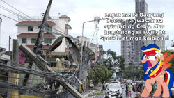 Size: 1200x675 | Tagged: safe, oc, oc only, oc:pearl shine, pegasus, pony, aftermath, building, caption, car, cebu city, filipino, gasp, honda, nation ponies, philippines, photo, text, toyota, translated in the description, typhoon odette, wires