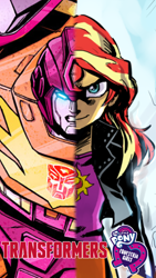 Size: 1080x1920 | Tagged: artist needed, source needed, safe, edit, sunset shimmer, equestria girls, g4, clash of hasbro's titans, equestria girls logo, evil grin, hot rod, meta, poster, rodimus, smiling, transformers, transformers logo