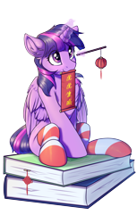 Size: 2200x3600 | Tagged: safe, artist:ravistdash, twilight sparkle, alicorn, pony, g4, book, bookhorse, chest fluff, china, chinese, chinese new year, clothes, cute, ear fluff, female, fimtale, glowing, glowing horn, high res, horn, lantern, levitation, lunar new year, magic, mare, mouth hold, simple background, sitting, smiling, socks, solo, striped socks, telekinesis, transparent background, twiabetes, twilight sparkle (alicorn), wing fluff, wings