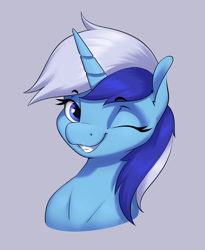 Size: 2272x2766 | Tagged: safe, artist:aquaticvibes, minuette, pony, unicorn, g4, bust, cute, eyebrows, eyebrows visible through hair, female, high res, looking at you, mare, minubetes, one eye closed, portrait, shiny, shiny teeth, smiling, solo, wink, winking at you