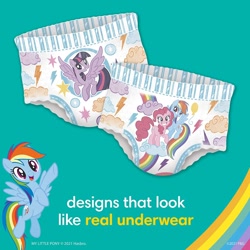Size: 1500x1500 | Tagged: safe, pinkie pie, rainbow dash, twilight sparkle, alicorn, earth pony, pegasus, pony, g4, :d, cloud, diaper, female, flying, grin, hooves, horn, mare, merchandise, on a cloud, open mouth, open smile, pampers, pampers easy ups, pullup (diaper), raised hoof, smiling, spread wings, standing, standing on a cloud, twilight sparkle (alicorn), wings
