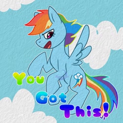 Size: 1440x1439 | Tagged: safe, artist:bluemoon, rainbow dash, pegasus, pony, g4, backwards cutie mark, cloud, flying, motivational, open mouth, positive ponies, solo