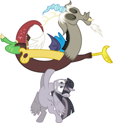 Size: 3480x3783 | Tagged: safe, anonymous artist, artist:missbeigepony, edit, discord, twilight sparkle, alicorn, draconequus, pony, g4, three's a crowd, bipedal, discorded, discorded twilight, duo, eyes closed, female, glass of water, high res, holding, implied straight, lifting, male, mare, simple background, transparent background, twilight sparkle (alicorn), twilight tragedy, vector