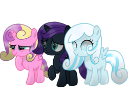 Size: 1014x788 | Tagged: safe, artist:be_yourself, princess skyla, oc, oc:nyx, oc:snowdrop, alicorn, pegasus, pony, g4, alicorn oc, colored wings, female, filly, foal, frown, hoof on chin, hooves, horn, movie accurate, pegasus oc, raised hoof, shading, simple background, slit pupils, small wings, smiling, spread wings, standing, transparent background, trio, trio female, unamused, wings