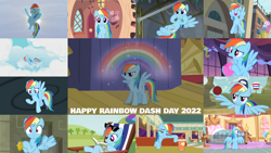Size: 1280x721 | Tagged: safe, edit, edited screencap, editor:quoterific, screencap, honey curls, mare e. lynn, rainbow dash, earth pony, pegasus, pony, boast busters, common ground, daring doubt, equestria games (episode), horse play, it's about time, party of one, rarity takes manehattan, season 1, season 2, season 3, season 4, season 5, season 6, season 8, season 9, swarm of the century, sweet and elite, tanks for the memories, the saddle row review, too many pinkie pies, spoiler:s08, spoiler:s09, 2022, ^^, basket, buckball, cloud, cute, dashabetes, eyes closed, female, flying, golden oaks library, mare, open mouth, open smile, rainbow, rainbow dash day, rainbow dashs coaching whistle, sky, smiling, solo, solo focus, spread wings, sugarcube corner, sunglasses, whistle, whistle necklace, wings