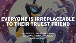 Size: 1280x720 | Tagged: safe, edit, editor:quoterific, idw, nightmare rarity, alicorn, pony, g4, female, mare, moon, nightmare rarity (idw), solo, text