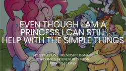 Size: 1280x720 | Tagged: safe, edit, editor:quoterific, idw, applejack, carrot cake, colter sobchak, cup cake, diamond tiara, granny smith, jeff letrotski, pinkie pie, rainbow dash, rarity, silver spoon, theodore donald "donny" kerabatsos, earth pony, pegasus, pony, unicorn, g4, ^^, applejack's hat, cowboy hat, eyes closed, female, filly, foal, food, hat, male, mare, open mouth, open smile, pie, ponyville days, smiling, stallion, text