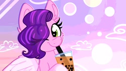 Size: 1920x1080 | Tagged: safe, artist:lbrcloud, part of a set, pipp petals, pegasus, pony, g5, my little pony: a new generation, abstract background, bubble tea, bust, eyebrows, eyebrows visible through hair, looking at you, one eye closed, portrait, smiling, solo, wink, winking at you