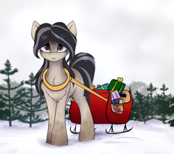 Size: 2010x1786 | Tagged: safe, artist:colourwave, oc, oc only, oc:cold shoulder, pony, yakutian horse, chest fluff, coat markings, female, fluffy, happy new year, holiday, looking at you, mare, present, sleigh, snow, snow mare, solo