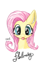 Size: 2481x3508 | Tagged: safe, artist:memprices, fluttershy, earth pony, pony, g4, blue eyes, blushing, bust, cute, ear fluff, female, front view, high res, looking at you, mare, mlem, pencil, portrait, shyabetes, signature, silly, simple background, smiling, solo, tongue out, white background